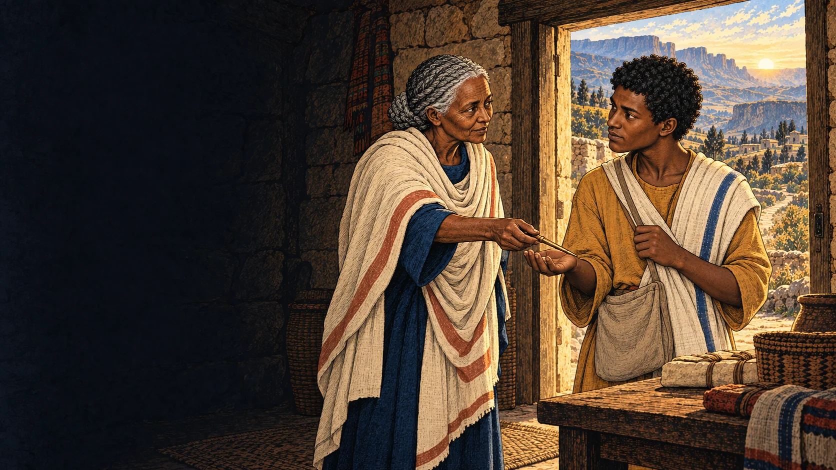 An elder Keeper offers a stylus to her apprentice at a doorway overlooking the Ethiopian highlands.